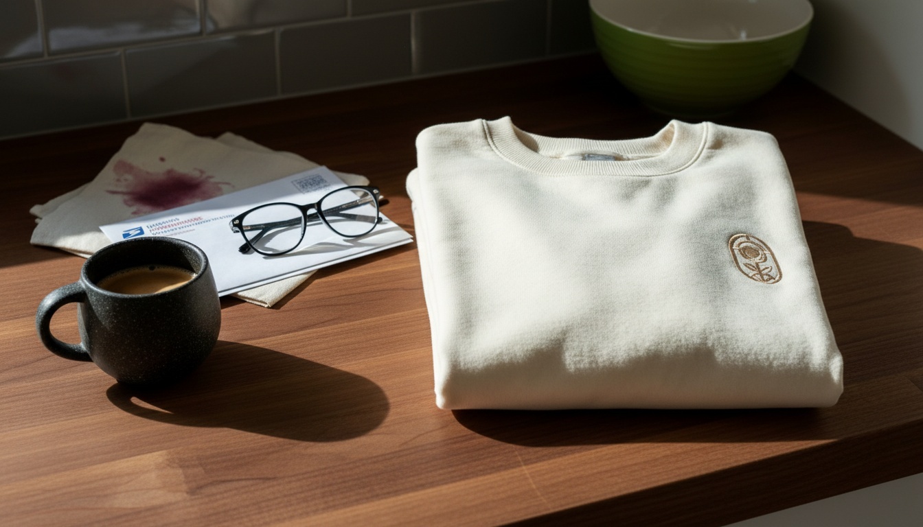 Coffee and a folded Petalworks crewneck in morning light