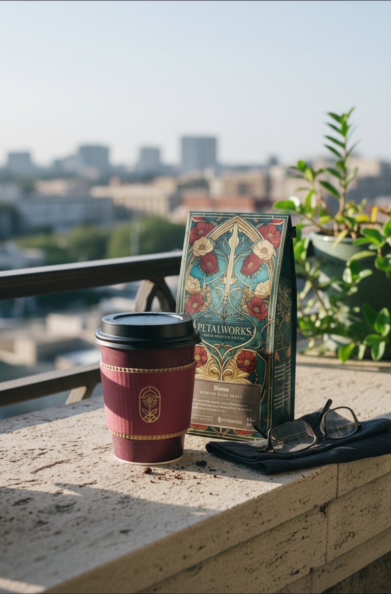 Petalworks coffee on a balcony over the Dallas skyline