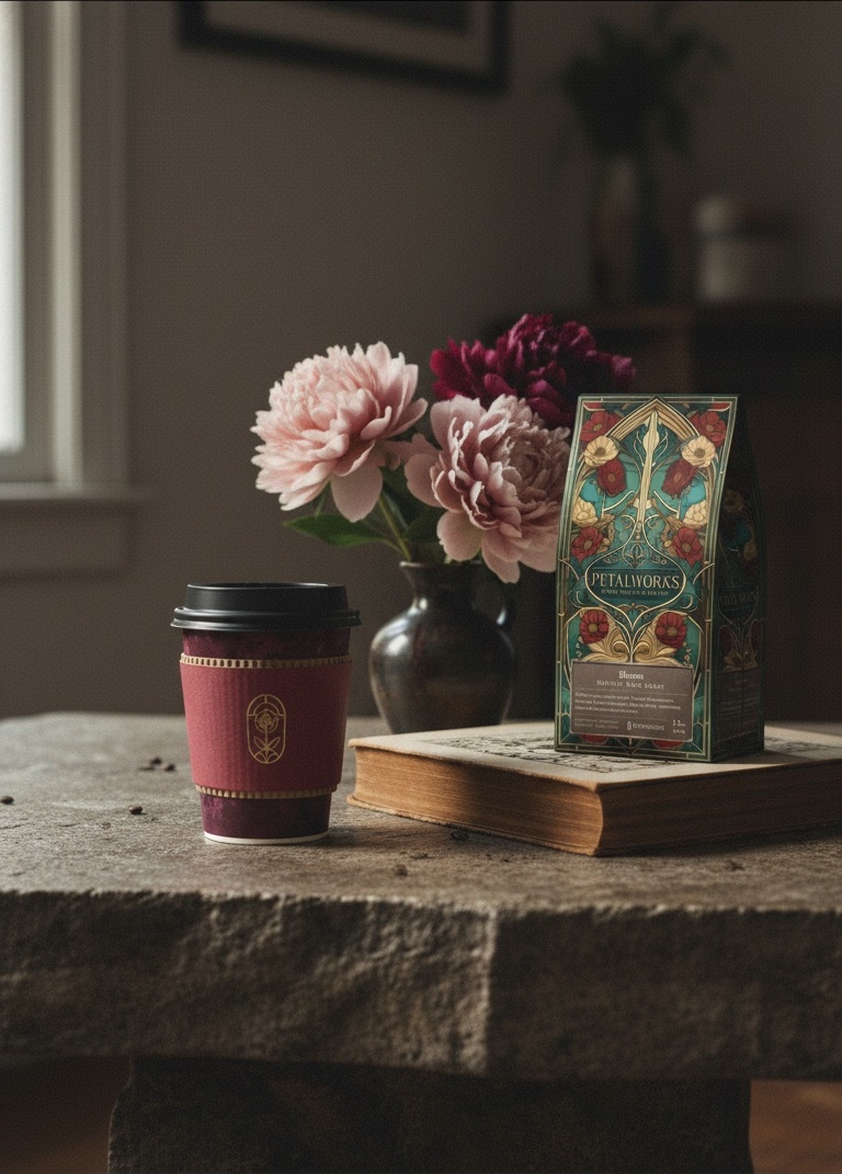 Burgundy cup and dark florals on a stone table
