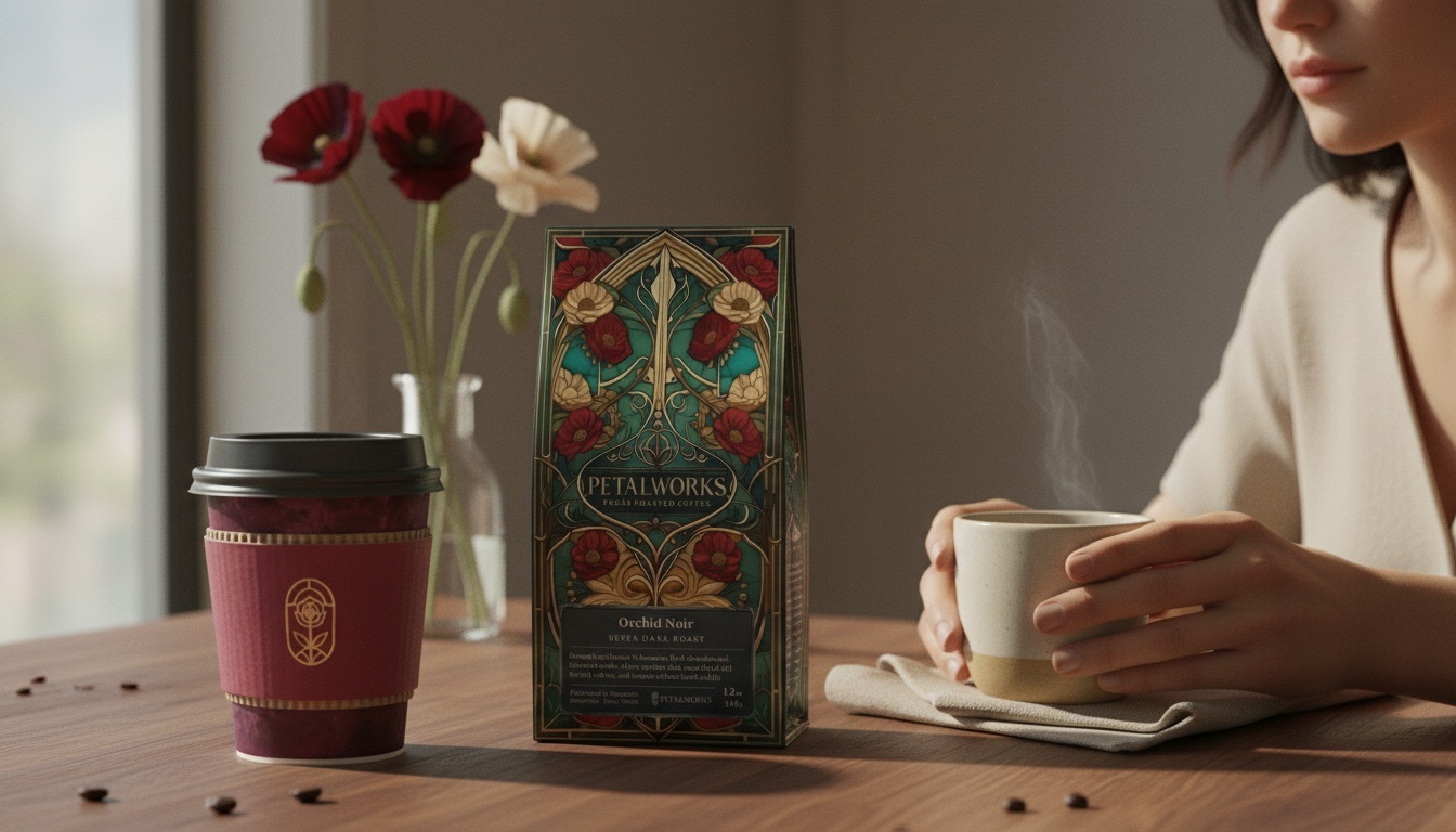 Petalworks coffee, bag and cup with roses in a sunlit kitchen