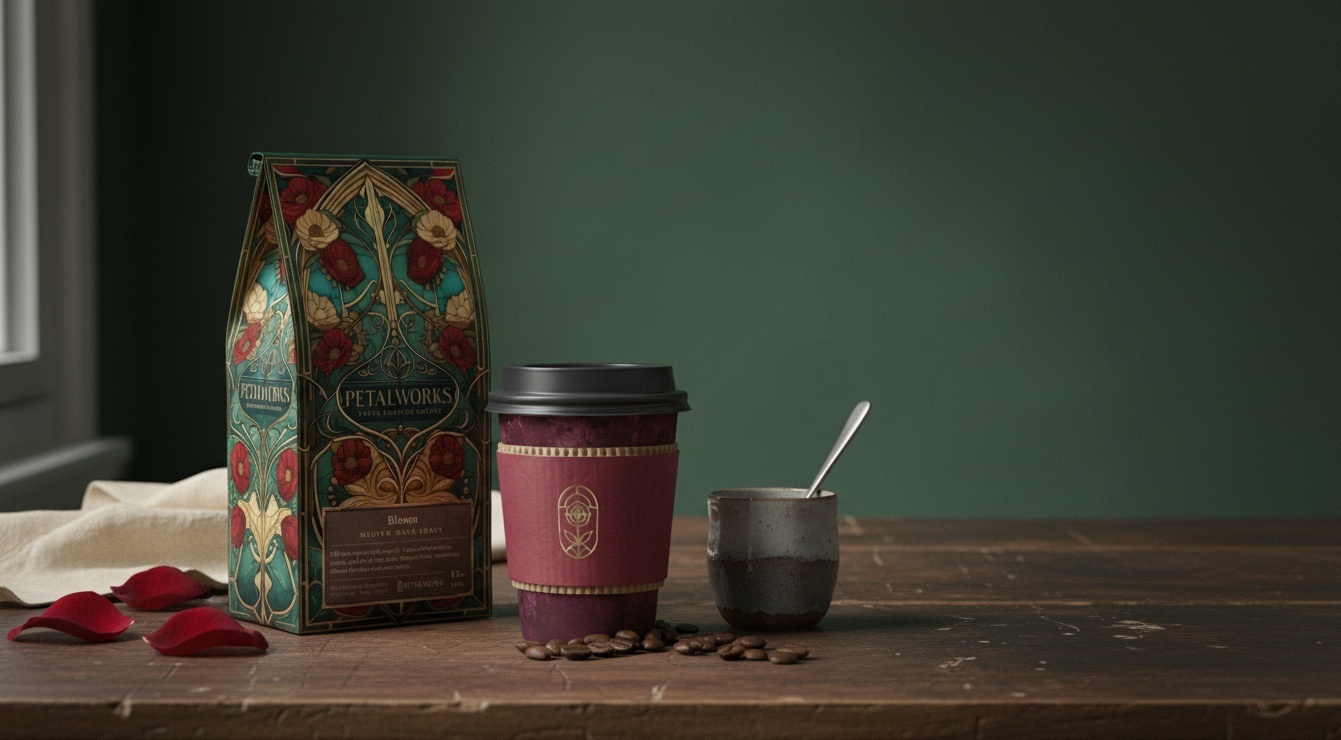 Bloom coffee, cup and petals against a deep green wall